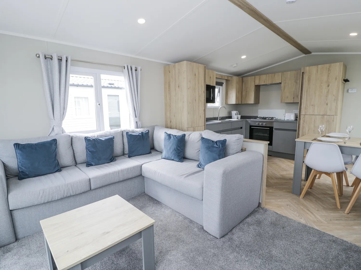 Open-plan living space inside a lodge